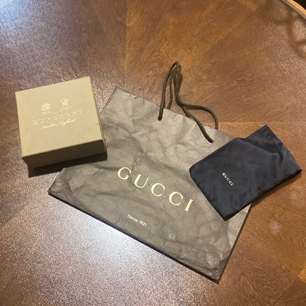 Gucci wrinkled paper bag, sunglass dust bag & Burberry water damaged small box
